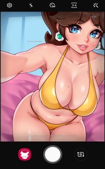1girl bed bikini blue_eyes breasts brown_hair cellphone cleavage darkmoney earrings flower_earrings grin highres image_sample jewelry large_breasts looking_at_viewer mario_(series) md5_mismatch navel nintendo phone princess_daisy resolution_mismatch shiny_skin sitting smile solo source_larger super_mario_land super_mushroom swimsuit thighs twitter_sample