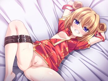 1girl aoi_masami arms_up barefoot bdsm bed_sheet belt blonde_hair blue_eyes blush bondage bound bound_arms bound_legs breasts censored china_dress chinese_clothes clenched_teeth clothes_lift covered_erect_nipples double_bun dress dress_lift frogtie game_cg hair_bun hair_ribbon large_variant_set loli looking_at_viewer lying mosaic_censoring nina_wang_rockford nipples no_bra no_panties non-web_source official_art on_back one_breast_out purple_eyes pussy red_dress red_ribbon restrained ribbon short_hair short_sleeves small_breasts solo spread_legs sweat tears teeth ts_magical_girl_nao variant_set