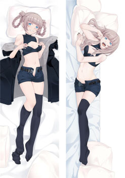 Rule 34 | 1girl, bare arms, bare shoulders, belt, black belt, black coat, black shorts, black thighhighs, blue eyes, blunt bangs, braid, braided hair rings, breasts, brown hair, cleavage cutout, clothing cutout, coat, commentary request, dakimakura (medium), grin, hair down, hair rings, long hair, looking at viewer, lying, midriff, moeanime, multiple views, nanakusa nazuna (yofukashi no uta), navel, no shoes, on back, on side, open clothes, open coat, open fly, open mouth, short shorts, shorts, sleeveless, small breasts, smile, thighhighs, white background, yofukashi no uta