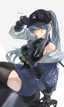 1girl absurdres arm_behind_back bare_shoulders baton_(weapon) black_gloves black_hat black_leotard blue_hair blush breasts clothes_pull commentary_request cross douibotan elbow_gloves facepaint from_above girls'_frontline girls'_frontline_2:_exilium gloves green_eyes hair_ornament hairclip hand_up hat highres hk416_(girls'_frontline) holding_baton iron_cross jacket jacket_pull klukai_(girls'_frontline_2) leotard long_hair looking_at_viewer looking_up medium_breasts off_shoulder partially_unzipped ponytail revision sitting smile solo teardrop thighhighs thighs very_long_hair weapon
