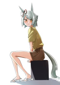 1girl absurdres animal_ears bobby_socks bow box braid brown_shorts closed_mouth commentary crown_braid ear_ribbon folded_ponytail from_side fujimasa_march_(umamusume) full_body grey_hair highres horse_ears horse_girl horse_tail kakuteru_sudachi light_frown looking_at_viewer on_box sandals shirt short_hair short_sleeves shorts sitting socks solo t-shirt tail umamusume umamusume:_cinderella_gray white_background white_sandals yellow_eyes yellow_shirt