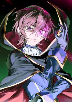1boy 333takoyaki absurdres black_cape brown_hair cape closed_mouth code_geass commentary_request geass gloves glowing glowing_eye hair_between_eyes highres lelouch_vi_britannia long_sleeves looking_at_viewer male_focus purple_eyes purple_gloves red_cape simple_background solo upper_body