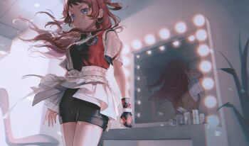 Rule 34 | 1girl, bike shorts, bike shorts under skirt, black shorts, blush, brown hair, chinese commentary, clenched hand, commentary request, crying, dengen kiru, different reflection, floating hair, gakuen idolmaster, gloves, hajime (idolmaster), hanami saki, highres, idolmaster, indoors, long hair, looking ahead, mirror, reflection, shirt, shorts, single glove, skirt, thighs, two-tone sweater vest, white shirt, white skirt