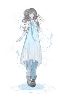 Rule 34 | 1girl, arm ribbon, bare shoulders, black boots, black hair, blue arm warmers, blue choker, blue dress, blue eyes, blue leg warmers, blue ribbon, boots, chinese commentary, choker, closed mouth, commentary request, cross-laced clothes, cross-laced legwear, dot nose, dotted line, dress, eyepatch, falling feathers, feathers, full body, gradient clothes, gradient dress, hair ornament, hair scrunchie, hand in own hair, happy, heart, heart print, highres, infinity nikki, jewelry, leg warmers, long hair, looking at viewer, medical eyepatch, medium dress, nikki (series), one side up, pendant, platform boots, pleated dress, print dress, ribbon, ripples, scrunchie, simple background, sleeveless, sleeveless dress, smile, solo, spaghetti strap, standing, standing on liquid, stylist (nikki), water, white background, white scrunchie, yaza901798