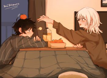 2boys :d akinashi_haru black_hair blue_shirt blush bottle brown_shirt commentary_request food food_on_head from_side fruit happy highres indoors juice kotatsu male_focus mandarin_orange miasmas70 multiple_boys object_on_head open_mouth saihate_eki shirt short_hair smile table tatsunami_shion television white_hair