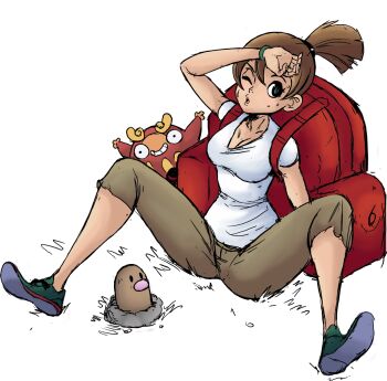 backpack backpacker_(pokemon) bag breasts brown_hair capri_pants cleavage darumaka diglett gen_1_pokemon gen_5_pokemon highres large_breasts legs_apart nintendo on_ground one_eye_closed pants pokemon pokemon_(creature) pokemon_bw ponytail sitting source_request sweat teevo wiping_face wiping_sweat