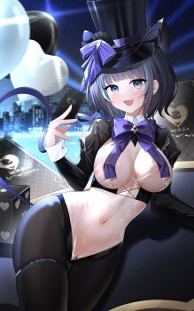 1girl absurdres ace_(playing_card) ace_of_hearts animal_ears apron aqua_eyes azur_lane balloon black_hiphighs black_shrug blurry blurry_background breast_curtains card cheshire_(azur_lane) cheshire_(the_cat_in_the_magic_hat)_(azur_lane) city_lights cityscape covered_navel dice fake_animal_ears fang hat heart heart_balloon highres hiphighs jack_(playing_card) jack_of_spades king_(playing_card) leotard long_ribbon long_sleeves man_man night nontraditional_playboy_bunny open_mouth outdoors playing_card purple_apron purple_hair queen_(playing_card) reverse_bunnysuit reverse_outfit royal_flush see-through_clothes see-through_leotard short_hair shrug_(clothing) six_of_diamonds skin_fang skindentation smile solo straight_flush_(poker) top_hat wrist_cuffs