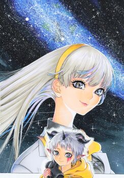 Rule 34 | 1boy, 1girl, aegiomon, black horns, breasts, digimon, digimon (creature), digimon story: time stranger, eyelashes, facial mark, goat boy, grey eyes, grey hair, headband, highres, hood, hoodie, horns, jacket, long hair, misono inori, miura satoru, pointy ears, short hair, smile, star (sky), upper body, white jacket, yellow headband, yellow hoodie