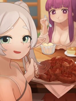 2girls absurdres breasts closed_mouth commentary eating elf english_commentary fern_(sousou_no_frieren) flat_chest food frieren green_eyes highres holding holding_spoon large_breasts long_hair long_sleeves looking_at_viewer meat multiple_girls nanachides open_mouth pointy_ears purple_eyes purple_hair shirt sousou_no_frieren spoon thick_eyebrows twintails white_shirt
