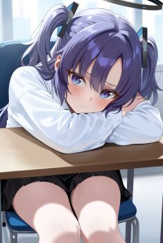 1girl absurdres bigpicklesman black_skirt blue_archive blue_eyes blush closed_mouth day floating_headgear halo headgear highres indoors long_hair long_sleeves mechanical_halo purple_hair red_pupils shirt sitting skirt solo thighs two_side_up white_shirt yuuka_(blue_archive)