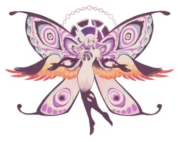 1girl athena_(ff14) black_hands butterfly_wings closed_eyes colored_extremities colored_skin final_fantasy final_fantasy_xiv full_body halo halo_behind_head insect_wings mixed_wings monster_girl multiple_wings perseiid simple_background smile solo spread_wings white_background white_hair white_skin wings