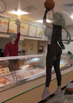 1boy 1girl 51325 absurdres arms_up ball bangboo_(zenless_zone_zero) basketball_(object) black_jacket black_pants bouncing_breasts breasts caesar_king_(zenless_zone_zero) closed_mouth crop_top crossed_bangs from_side fur-trimmed_jacket fur_trim green_eyes green_hair grey_hair hair_between_eyes hand_in_pocket highres holding holding_ball indoors jacket jacket_on_shoulders jumping large_breasts long_hair looking_at_another mcdonald&#039;s motion_blur motion_lines orange_eyes pants pink_shoes prosthesis prosthetic_arm red_shirt shirt shoes short_hair sleeves_rolled_up sparkle white_shirt wise_(zenless_zone_zero) zenless_zone_zero