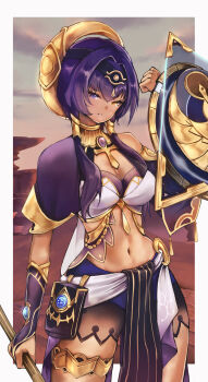 ancient_egyptian ancient_egyptian_clothes ankh blue_eyes blue_hair candace_(genshin_impact) chehg eye_of_horus genshin_impact gold_choker heterochromia highres holding holding_shield jewelry navel neck_ring shield short_hair_with_long_locks yellow_eyes