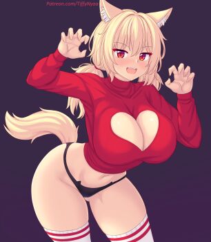 1girl animal_ear_fluff animal_ears black_background black_panties blonde_hair blush breasts cat_ear_panties cat_ears cat_girl cat_tail claw_pose cleavage_cutout clothing_cutout hair_between_eyes highres large_breasts long_hair long_sleeves looking_at_viewer midriff navel nottytiffy original panties red_eyes red_shirt shirt sidelocks simple_background solo standing tail teeth thighhighs tiffy_(nottytiffy) twintails underwear upper_teeth_only white_thighhighs