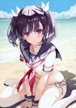 1girl absurdres arm_support armband beach bikini black_hair blue_armband blue_sailor_collar blue_sky blush breasts breasts_apart closed_mouth cloud cloudy_sky collarbone day foot_out_of_frame hair_between_eyes hair_ribbon highres horizon looking_at_viewer medium_hair misaki_kurehito neckerchief nipples original outdoors purple_eyes red_neckerchief ribbon sailor_bikini sailor_collar sand scan see-through_bikini see-through_clothes shadow side-tie_bikini_bottom sitting sky smile solo string_bikini swimsuit thighhighs twintails wariza water wavy_hair wet wet_clothes white_bikini white_ribbon white_thighhighs wristband