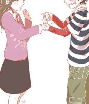 Rule 34 | 1boy, 1girl, aged down, black skirt, blue shirt, blush, brown hair, bruise, bruise on face, collared shirt, doll, eyes out of frame, fingernails, from side, green pants, head out of frame, holding, holding doll, holding hands, injury, junpei (kyokugen dasshutsu), klatrestativ, kurashiki akane, kyokugen dasshutsu, kyokugen dasshutsu: 9 jikan 9 nin 9 no tobira, long hair, long sleeves, mixed-language commentary, necktie, open mouth, pants, pink shirt, red necktie, shirt, shirt under shirt, short hair, simple background, skirt, spoilers, striped clothes, striped shirt, two-tone shirt, white background, white shirt