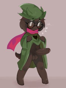 1boy animal_ears black-framed_eyewear blush bottomless closed_mouth clothes_lift deltarune english_text erection foreskin full_body furry furry_male goat_boy goat_ears goat_tail green_hat green_robe grey_background hat highres horns horns_through_headwear lifting_own_clothes long_sleeves looking_down male_focus mob_face penis pink_scarf precum ralsei robe round_eyewear scarf simple_background solo standing tail testicles utdr_(toby_fox) white_eyes wide_sleeves witch_hat zsloth |_|