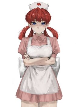 1girl :/ apron blue_eyes closed_mouth collared_shirt crossed_arms dress hair_rings hat highres joy_(pokemon) long_hair looking_at_viewer nintendo nurse nurse_cap pink_dress pink_hair poke_ball_print pokemon pokemon_(anime) pokemon_(classic_anime) raberu_ruru shirt short_sleeves solo white_apron white_background