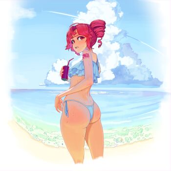 1girl absurdres ahoge alternate_costume ass beach bikini blue_sky blush can character_name cloud commentary_request cropped_legs cumulonimbus_cloud dark_skin day drill_hair drink_can drinking_straw feet_out_of_frame frilled_bikini frills highres holding holding_can kasane_teto layered_bikini lo_thaam looking_ahead looking_back number_tattoo ocean open_mouth red_eyes red_hair red_tattoo shoulder_tattoo side-tie_bikini_bottom sky solo sweat swimsuit tan tattoo twin_drills utau white_bikini