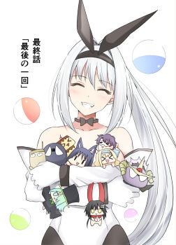 4girls 5boys ^_^ bare_shoulders black_bow black_choker black_hairband blush bow bow_choker breasts chibi choker closed_eyes collarbone cowboy_shot fishnet_pantyhose fishnets hair_between_eyes hairband hako_roku happy head_tilt highres holding large_breasts leotard long_hair looking_at_viewer makai_gacha_wa_kyou_mo_shibui multiple_boys multiple_girls official_art open_mouth pantyhose playboy_bunny ponytail ravi sidelocks simple_background smile teeth very_long_hair white_background white_hair white_leotard