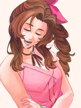 1girl aerith_gainsborough bangle bare_shoulders bracelet braid braided_ponytail breasts choker closed_eyes dress emi-bianchi final_fantasy final_fantasy_vii final_fantasy_vii_rebirth final_fantasy_vii_remake flower_choker hair_ribbon hand_on_own_arm highres jewelry long_hair medium_breasts music open_mouth parted_bangs pink_dress pink_ribbon ribbon sidelocks singing single_braid sleeveless sleeveless_dress solo twitter_username upper_body