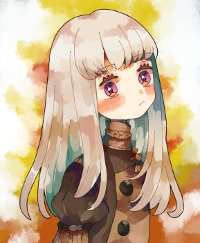 1girl blush buttons closed_mouth commentary_request eyelashes fire_emblem fire_emblem:_three_houses garreg_mach_monastery_uniform highres long_hair lysithea_von_ordelia nintendo puffy_sleeves solo standing upper_body vianchiel white_hair