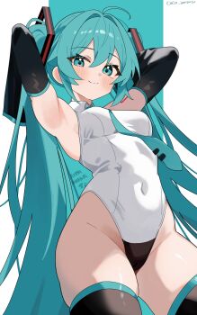 1girl absurdres aqua_eyes aqua_hair aqua_necktie armpits arms_up black_sleeves blush bodysuit border closed_mouth coco_irasuto commentary_request cowboy_shot detached_sleeves hair_ornament hashtag-only_commentary hatsune_miku highres inset_border long_hair long_sleeves looking_at_viewer necktie partial_commentary presenting_armpit smile solo standing twintails very_long_hair vocaloid white_background white_bodysuit