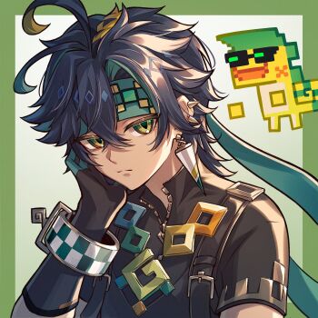 1boy absurdres ajaw_(genshin_impact) antenna_hair black_gloves black_hair black_shirt blonde_hair border bracelet closed_mouth commentary_request crossed_bangs earrings genshin_impact gloves green_border green_eyes green_gloves green_hair green_headband hair_between_eyes hand_on_own_face headband highres jewelry kinich_(genshin_impact) looking_at_viewer male_focus multicolored_hair outside_border shirt short_hair short_sleeves spiked_ear_piercing streaked_hair two-tone_gloves upper_body yuno_kaihara zipper