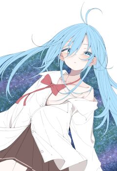 1girl antenna_hair blue_eyes blue_hair blush bow bowtie collarbone collared_shirt convenient_censoring denpa_onna_to_seishun_otoko expressionless flat_chest highres long_hair looking_at_viewer loose_bowtie mushoku_loli parted_lips shirt single_bare_shoulder skirt sky solo star_(sky) starry_hair touwa_erio upper_body white_background white_shirt