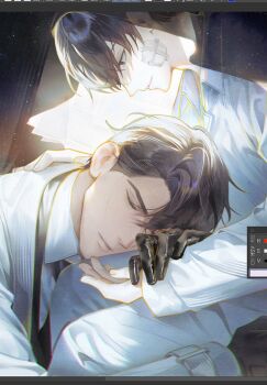 2boys art_program_in_frame bab_du_666 bandaid bandaid_on_face black_eyes black_gloves black_hair cloak closed_eyes coat cosplay costume_switch cross_scar crossed_bangs gloves glowing hair_between_eyes hand_on_another's_back highres kim_dokja lap_pillow looking_at_another male_focus multiple_boys oldest_dream omniscient_reader's_viewpoint scar scar_on_face screencap secretive_plotter short_hair smile starry_sky_print white_coat yaoi yoo_joonghyuk