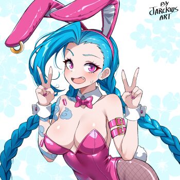 1girl animal_ear_hairband animal_ears armband artist_name blue_hair bow bowtie braid breasts cleavage commentary detached_collar double_v english_commentary fake_animal_ears fishnet_pantyhose fishnets hairband jarckius jinx_(league_of_legends) large_breasts league_of_legends leotard long_hair low_twin_braids low_twintails pantyhose pink_bow pink_bowtie pink_eyes pink_leotard playboy_bunny rabbit_ears rabbit_tail solo strapless strapless_leotard tail twin_braids twintails v wrist_cuffs