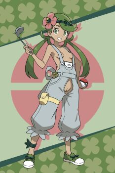 1girl absurdres adapted_costume areola_slip breasts cleft_of_venus clothing_cutout crotch_cutout dark-skinned_female dark_skin female_focus flower full_body functionally_nude green_eyes green_hair green_shoes grey_overalls grin hair_flower hair_ornament hand_on_own_hip headband highres holding holding_ladle holding_poke_ball hoshi_wo_miru ladle long_hair looking_at_viewer mallow_(pokemon) matching_hair/eyes nintendo no_panties no_shirt overalls petite poke_ball poke_ball_(basic) pokemon pokemon_sm pouch pussy revealing_clothes revision shoes small_breasts smile solo standing teeth thigh_pouch thigh_strap twintails uncensored