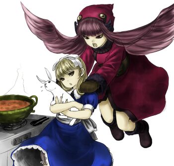 Rule 34 | ald, alice (megami tensei), atlus, blonde hair, bloomers, boots, demon (megami tensei), dress, hair ribbon, hairband, hat, long hair, mary janes, megami tensei, mittens, muu shuwuu (megami tensei), pantyhose, persona, purple hair, rabbit, red eyes, ribbon, shin megami tensei, shoes, underwear, white legwear, yellow eyes