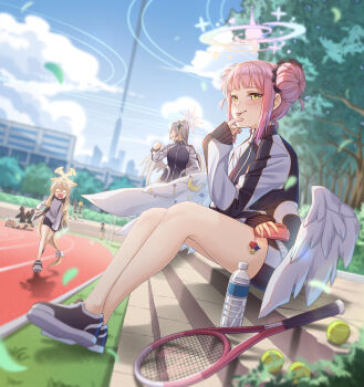 3girls a_bao absurdres angel_wings animal_ear_fluff animal_ears badminton_racket ball black_jacket black_shoes blonde_hair blue_archive blush bottle brown_hair cellphone closed_mouth crescent double_bun feathered_wings fox_ears fox_girl fox_tail gym_uniform hair_bun hair_ornament halo highres holding holding_phone jacket long_hair long_sleeves looking_at_another looking_at_viewer low_wings mika_(blue_archive) mika_(track)_(blue_archive) multiple_girls nagisa_(blue_archive) official_alternate_costume official_alternate_hairstyle phone pink_hair pink_halo racket red_eyes seia_(blue_archive) shoes sitting smartphone smile tail tennis_ball track_jacket track_suit very_long_hair water_bottle white_wings wing_ornament wings yellow_eyes yellow_halo