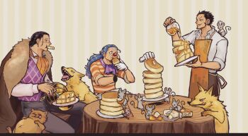 3boys animal apron blue_hair buggy_the_clown butter chef_hat coat commentary crocodile_(one_piece) cutting disembodied_hand dracule_mihawk earrings eating f4ylu facial_hair food fork fox fur-trimmed_coat fur_trim gloves hat highres holding holding_fork hook_hand jewelry mouse_(animal) multiple_boys mustache one_piece open_mouth pancake pancake_stack ponytail purple_vest red_nose ring short_hair stitched_face stitches symbol-only_commentary tongue tongue_out vest white_gloves