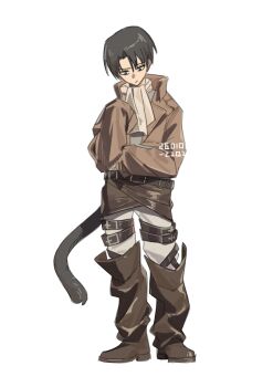 Rule 34 | 1boy, absurdres, ascot, black hair, boots, brown boots, brown jacket, cat tail, commentary request, dated, full body, furrowed brow, hair between eyes, highres, jacket, levi (shingeki no kyojin), loose clothes, male focus, pants, paradis military uniform, parted bangs, shingeki no kyojin, short hair, sleeves past fingers, sleeves past wrists, solo, standing, tail, white ascot, white background, white pants, zest (kumolyy)