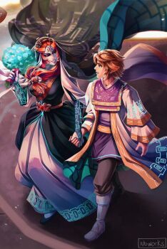 1boy 1girl alternate_costume black_veil bouquet breasts bridal_veil brown_hair colored_sclera colored_skin dress flower grey_skin hetero highres holding holding_bouquet holding_hands iubworks large_breasts link looking_at_another midna midna_(true) nintendo orange_hair red_eyes the_legend_of_zelda the_legend_of_zelda:_twilight_princess veil wedding wedding_dress yellow_sclera