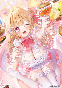 1girl ;d animal_ears apron blonde_hair blush bow breasts burger cake champagne_flute cleavage commentary_request cup dress drinking_glass fang food fork gradient_hair hair_bow hair_ribbon highres holding holding_cup holding_fork large_breasts long_hair looking_at_viewer multicolored_hair navy_(navy.blue) one_eye_closed open_mouth original pink_dress pink_eyes pink_hair pizza ribbon scott_minya shrimp shrimp_tempura sitting smile solo specialite_(company) strawberry_shortcake teeth tempura thighhighs two-tone_hair very_long_hair virtual_youtuber wariza white_apron white_thighhighs zettai_ryouiki