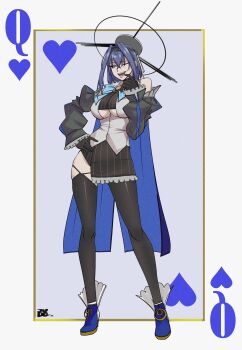 1girl absurdres blue_eyes blue_hair breasts card chain commentary detached_sleeves full_body gloves hair_between_eyes hair_intakes hand_on_own_hip high_heels highres hololive hololive_english juuuudo large_breasts one_eye_closed open_mouth ouro_kronii ouro_kronii_(1st_costume) playing_card queen_(playing_card) queen_of_hearts_(playing_card) skirt solo standing teeth thighhighs tongue underboob virtual_youtuber