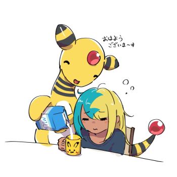 1girl ampharos aqua_hair bagutyu blonde_hair blue_shirt canari_(pokemon) closed_eyes closed_mouth cup dark-skinned_female dark_skin forehead_jewel gen_2_pokemon highres holding holding_cup long_hair milk milk_carton multicolored_hair nintendo open_mouth pokemon pokemon_(creature) pokemon_legends:_z-a pouring shirt short_sleeves simple_background sleeping sleepy smile split-color_hair twintails two-tone_hair