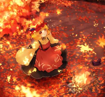 Rule 34 | 1girl, absurdres, aki minoriko, apron, black skirt, blonde hair, full body, grape hat ornament, hat, highres, looking at viewer, motsi x, outdoors, print apron, red apron, red eyes, red hat, shirt, short hair, skirt, smile, solo, touhou, wheat print, yellow shirt