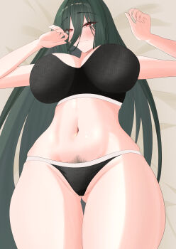 1girl absurdres azur_lane black_bra black_hair black_panties blush bra breasts closed_mouth commentary_request female_pubic_hair francesco_caracciolo_(azur_lane) gluteal_fold groin highres huge_breasts long_bangs long_hair looking_at_viewer lying navel nemumure on_back panties pubic_hair red_eyes solo stomach thigh_gap underwear very_long_hair