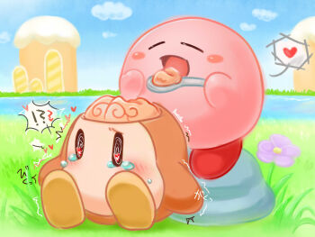 !? 1boy 1other @_@ blush brain closed_eyes eating exposed_brain flower guro heart heart-shaped_pupils highres holding holding_spoon kirby kirby_star_allies kirby_(series) nintendo no_humans open_mouth organs outdoors parody purple_flower seeraka21 spoon stone symbol-shaped_pupils tears the_silence_of_the_lambs trembling waddle_dee what