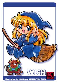1boy 1girl animal_ears axe bandaged_foot bandaged_wrist bandages blonde_hair blue_boots blue_dress blue_eyes blue_hat blue_shirt boots broom broom_riding character_name chibi chibi_only circle_name commentary_request dress flying full_body furry furry_male green_vest hand_up hat highres holding holding_axe horns kokomahi long_hair looking_at_another minotaur minotaur_(puyopuyo) phrygian_cap puyopuyo scar scar_across_eye scar_on_face shirt sidelocks standing tail typo v vest witch witch_(puyopuyo)
