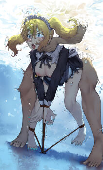 1boy 1girl absurdres air_bubble apron asphyxiation barefoot bdsm blonde_hair blue_eyes blush bondage bound bound_wrists bubble commission drowning frills hayasaka_ai hetero highres holding_breath kaguya-sama_wa_kokurasetai_~tensai-tachi_no_renai_zunousen~ maid maid_apron nipple_piercing open_mouth peril piercing puffy_cheeks rape restrained rou_(rou22) second-party_source sex sex_from_behind strangling torn_clothes twintails underwater