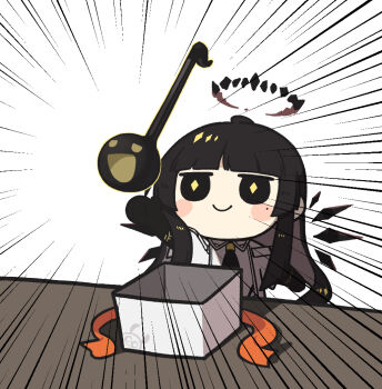 Rule 34 | 1girl, arknights, black eyes, black hair, black halo, black wings, blush stickers, box, chibi, commentary, detached wings, diamond-shaped pupils, diamond (shape), emphasis lines, gift, gift box, halo, hime cut, jacket, long hair, mothkoisi, otamatone, smile, solo, symbol-only commentary, symbol-shaped pupils, virtuosa (arknights), white jacket, wings, yellow pupils