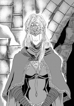 1girl 913kousatu absurdres bandaged_arm bandages breasts brick_wall cape commentary_request dark_souls_(series) dark_souls_iii dress eye_mask fire_keeper greyscale highres indoors long_hair mask medium_breasts monochrome necklace_censor solo upper_body