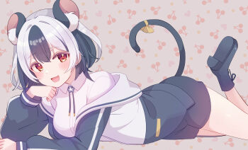 1girl :d absurdres animal_ears black_hair black_jacket black_shorts blush bob_cut bolo_tie breasts cherry_background collared_shirt commentary_request commission cream_(nipakupa) dress_shirt foot_up grey_hair highres indie_virtual_youtuber jacket knees_out_of_frame long_sleeves looking_at_viewer lying medium_breasts mitsuki_mahiro mouse_ears mouse_girl mouse_tail multicolored_hair multicolored_jacket on_stomach open_mouth red_eyes shirt short_hair shorts skeb_commission smile solo split_mouth streaked_hair tail two-tone_jacket virtual_youtuber white_jacket white_shirt
