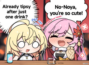 2girls :d ^_^ ahoge argyle_bow blonde_hair blurry blurry_background blush bow breasts brown_bow brown_sleeves can chibi chibi_only cleavage closed_eyes commentary detached_sleeves drink_can drunk english_commentary english_text flower_symbol fur-trimmed_sleeves fur_trim headpat highres kaede_(stella_sora) large_breasts long_hair long_sleeves multiple_girls nose_blush noya_(stella_sora) o_o official_art open_mouth pink_hair raised_inner_eyebrows shirt sleeveless sleeveless_shirt smile soda_can sound_effects speech_bubble stella_sora thought_bubble white_shirt