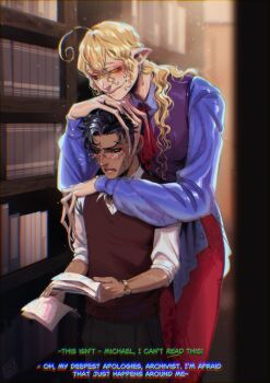 2boys ahoge blackberreh-art blonde_hair crow's_feet curly_hair design_speculation distortion_(tma) earrings eyelashes highres jewelry jonathan_sims lips long_fingers long_hair male_focus michael_shelley monster_boy multiple_boys pointy_ears shirt smile the_magnus_archives wrinkled_skin yaoi